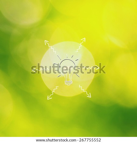 Abstract yellow green color blurry background with light bulb and arrows. Light bulb on bright blurry bokeh nature background with place for text message.