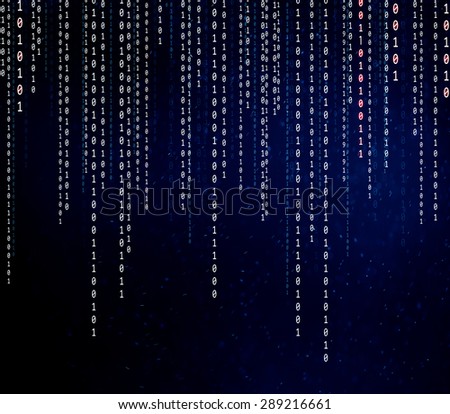 Modern conceptual matrix binary code illustration background. Safety computing falling binary code on very dark blue background.