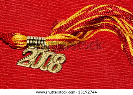 Tassel in red and gold with 2008 gold tag on red textured background.