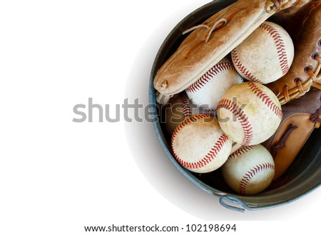 metal bucket of old baseballs and leather glove for practice, isolated on white with copy space
