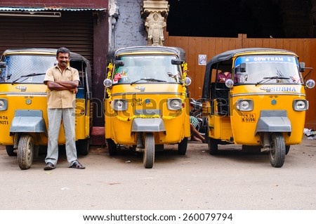 Trivandrum, India - December 11, 2011: Indian auto rickshaws in street. Auto rickshaws (called \