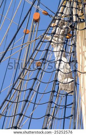Closeup of the rigging of a vintage sailing ship