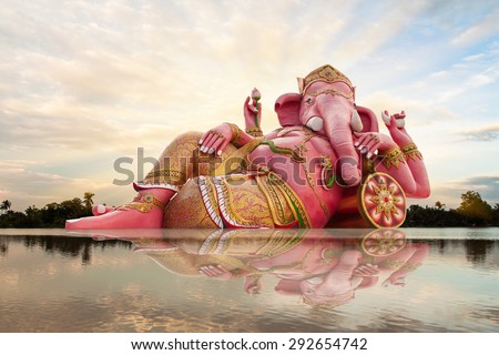 Ganesha, Hindu God and sky with reflect in river