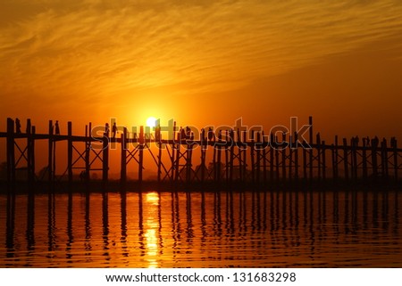 U bein bridge at sunset in Amarapura near Mandalay, Myanmar (Burma)