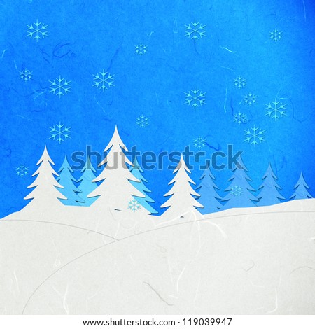 Rice paper cut  winter landscape with snow covered trees on white background