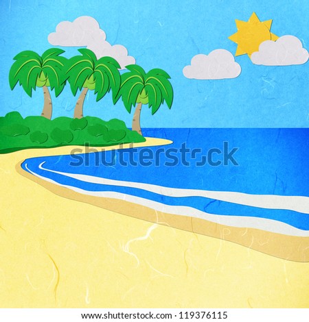 Rice paper cut green tree on a white sand beach on white background