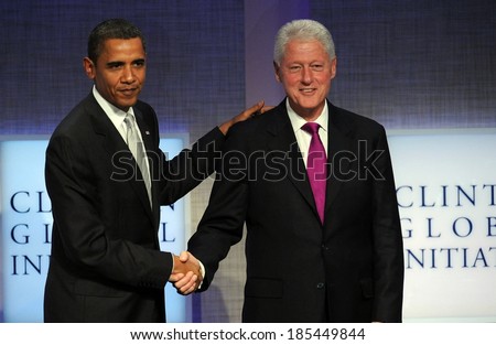 US President, Barack Obama, former US President, Bill Clinton at public appearance, 2009 Annual Meeting of Clinton Global Initiative-Opening Plenary, Sheraton Hotel and Towers, NY Sept 22, 2009