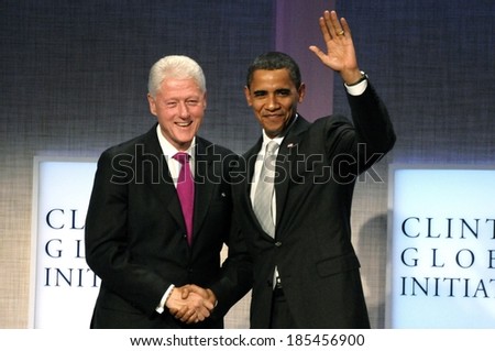 President Bill Clinton, President Barrack Obama at a public appearance for 2009 Annual Meeting of the Clinton Global Initiative-Opening Plenary, Sheraton New York Hotel and Towers, NY Sept 22, 2009