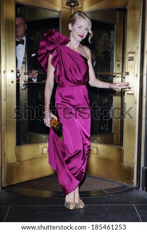 Naomi Watts, in a Stella McCartney fuschia one ruffled shoulder dress, leaves an Upper East Side hotel out and about for CELEBRITY CANDIDS-MONDAY, New York City, New York May 3, 2010