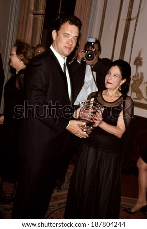 Tom Hanks and Rochelle Sloving, head of the museum, at American Museum of Moving Image salute to Tom Hanks, 4/29/99 NY