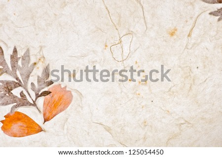 Mulberry paper texture with petals background. Retro, rough and rustic handmade paper