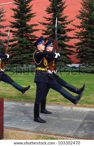 MOSCOW - APRIL 23: Change of the Guard of Honor at the tomb of the Unknown Soldier at the wall of Moscow Kremlin on April 23, 2012 in Moscow, Russia.