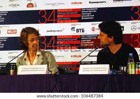 MOSCOW, RUSSIA - JUNE 30: Actress Charlotte Rampling, her son movie director Barnaby Southcombe at press-conference of \