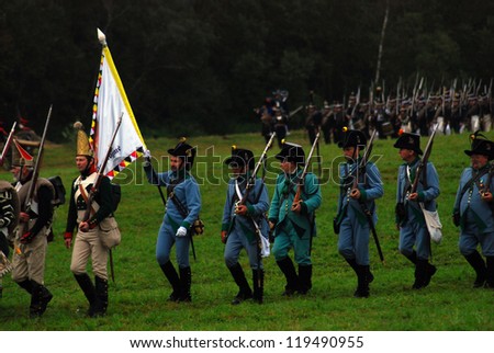 MOSCOW REGION - SEPTEMBER 02: Unknown soldiers walking at Borodino historical reenactment battle at its 200 anniversary. Taken on September 02, 2012 in Borodino, Moscow Region, Russia.