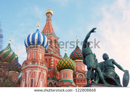 St. Basil Cathedral and monument to Minin and Pozharskiy, Red Square, Moscow, Russia.