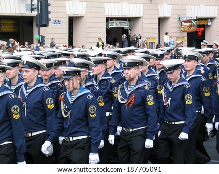 SAINT-PETERSBURG, RUSSIA - MAY 09, 2008: Sailors march on the street. Victory Day celebration on the Nevskiy prospect. Military parade.