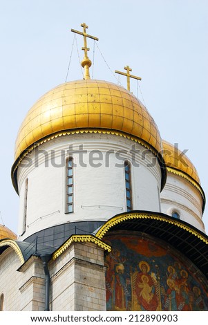 View of the Dormition church. Moscow Kremlin, a popular touristic landmark. UNESCO World Heritage Site.