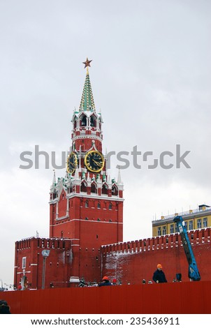 MOSCOW - FEBRUARY 02, 2013: Moscow Kremlin. Spasskaya Tower, clock. Red Square. UNESCO World Heritage Site.