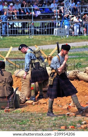 MOSCOW - JUNE 08, 2014: Men in Scottish kilts. Historical reenactment of Mincer Nivelle battle held in 1917. Times and Ages International Historical Festival in Kolomenskoye, Moscow.