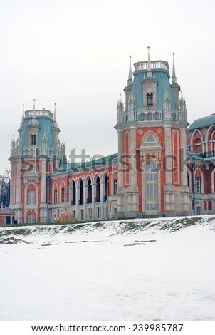 MOSCOW - FEBRUARY 22, 2014: View of Tsaritsyno park in Moscow, Russia, in winter. A popular touristic landmark.