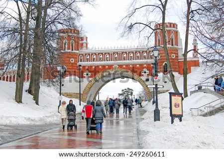 MOSCOW - FEBRUARY 01, 2015: View of Tsaritsyno park in Moscow, Russia, in winter. A popular touristic landmark and place for walking.