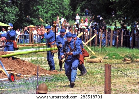 MOSCOW - JUNE 08, 2014: First World War battle historical reenactment. Times and Ages International Historical Festival in Kolomenskoye park, Moscow.