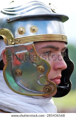 MOSCOW - JUNE 06, 2015: Person in historical costume portrait. Historical festival Times and Ages. Ancient Rome in Kolomenskoye park, Moscow.