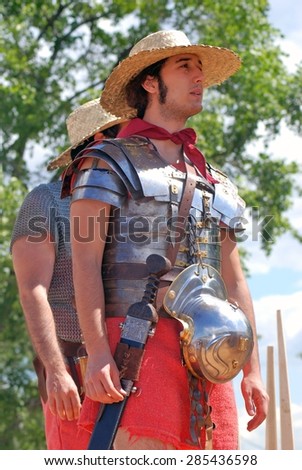 MOSCOW - JUNE 06, 2015: Person in historical costume portrait. Historical festival Times and Ages. Ancient Rome in Kolomenskoye park, Moscow.