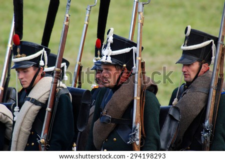 MOSCOW REGION - SEPTEMBER 02: Unknown soldiers at Borodino historical reenactment battle at its 200th anniversary on September 02, 2012 in Borodino, Moscow Region, Russia.