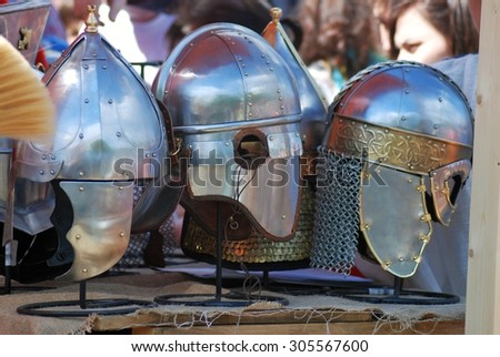 MOSCOW - JUNE 06, 2015: Old helmet shown at Historical festival Times and Ages. Ancient Rome in Kolomenskoye park, Moscow.