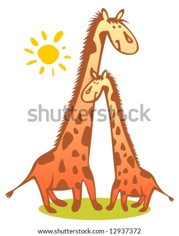 Two funny giraffes and sun