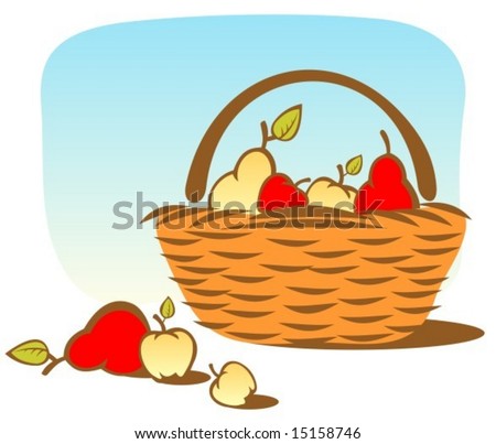 stock vector : Cartoon basket with apples and pears on a sky background.
