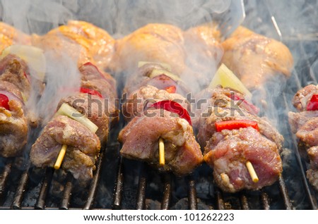 Savory skewers cooking on a grill on a picnic day.