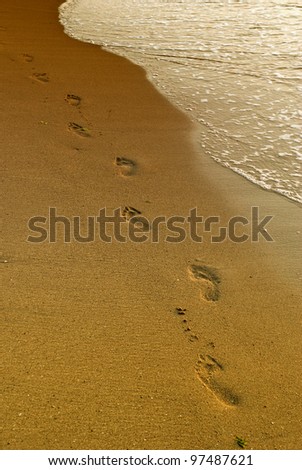 Foot prints on wet sands at the seaside