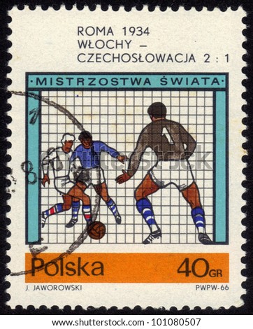 POLAND - CIRCA 1966: a stamp printed by POLAND shows football players.World football cup in Rome in 1934, series, circa 1966