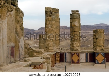 Ruins of ancient colonnade of King Herod\'s palace in Masada, Dead Sea, Israel