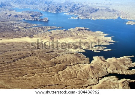Aerial view of the Colorado River and Lake Mead, a snapshot taken from a helicopter on the border of Arizona and Nevada, USA