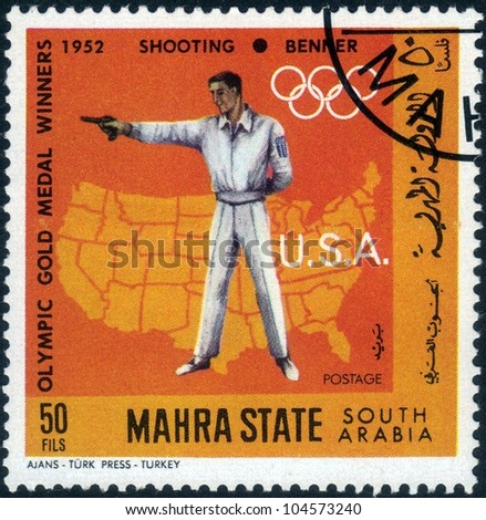 SAUDI ARABIA - CIRCA 1968: A stamp printed in Mahra State of South Arabia shows  image of american sportsman Benner, winner of the shooting , Olympic Games Helsinki, Finland, 1952, series, circa 1968