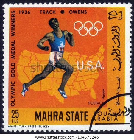 SAUDI ARABIA- CIRCA 1968: stamp printed in Mahra State of South Arabia show  image  of american sportsman Owens, winner of  race on the track  Olympic Games  Berlin, Germany, 1936, series, circa 1968