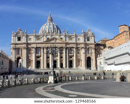 ROME, ITALY - JAN 30: magnificent facade of the basilica of St. Peter and the area in front of him, the Vatican, Rome, Italy on January 30 2013.