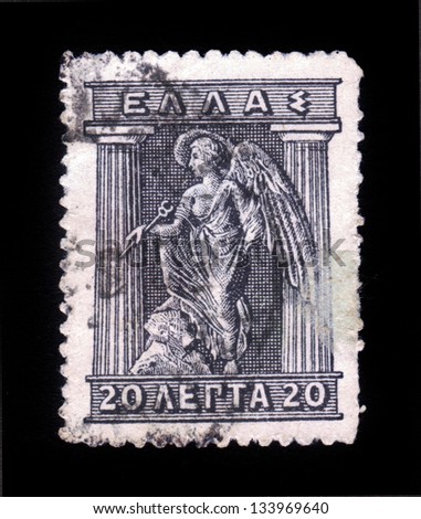 GREECE - CIRCA 1911: stamp printed in Greece shows Iris, in greek mythology, the personification of the goddess of the rainbow, the winged messenger of Zeus and Hera, circa 1911