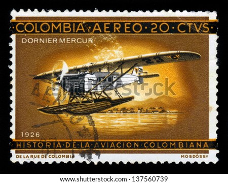 COLOMBIA - CIRCA 1962: A stamp printed in Colombia shows aircraft Dornier Merkur, flying boat, circa 1962
