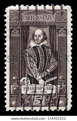 UNITED STATES OF AMERICA - CIRCA 1964: stamp printed in USA shows a portrait of William Shakespeare. 400th anniversary of the birth of Shakespeare, circa 1964