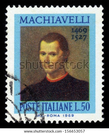 ITALY - CIRCA 1969: stamp printed by Italy, shows Niccolo Machiavelli, was an Italian historian, politician, diplomat, philosopher, humanist and writer based in Florence during Renaissance, circa 1969