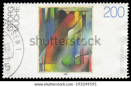 GERMANY - CIRCA 1996: a stamp printed in the Germany shows abstract painting by Georg Muche, german painter, printmaker, architect, author and teacher, circa 1996