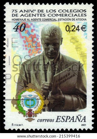Spain - CIRCA 2001: A stamp printed in Spain, shows Homage to the Commercial Agent, sculpture by Francisco Lopez Hernandez., 75th Anniversary of Schools of Commercial Agents, circa 2001