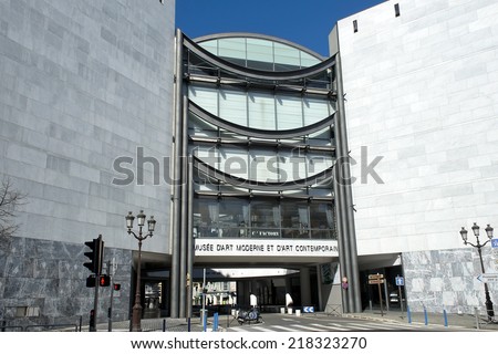 NICE, FRANCE - March 23: facade of Museum of Modern and Contemporary Art (MAMAC), major cultural and touristic landmark in Nice on March 23, 2014