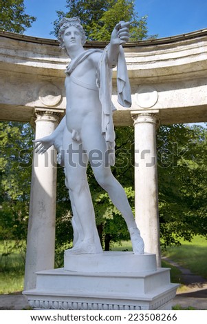 pavilion Apollo Colonnade with statue of Apollo Belvedere - roman marble copy of a bronze original of ancient Greek sculptor Leohara in Pavlovsk Park, Saint Petersburg, Russia