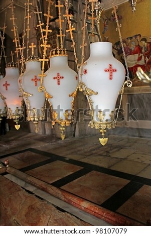 Church of Holy Sepulchre, the place where to put Jesus Christ, after removal from kresta.Jerusalem