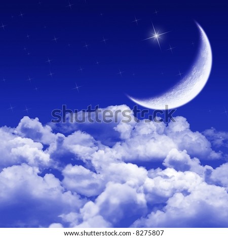 stock photo New moon and stars shining above blue clouds
